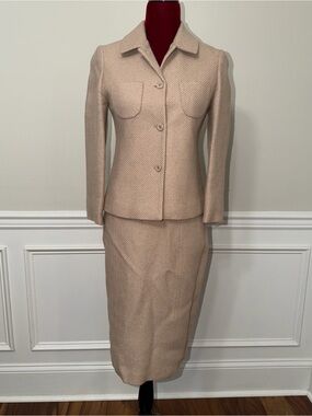 Solezia Korean Luxury Wool Blend Tweed Skirt Suit Set Beige-Rose Metallic Shimme